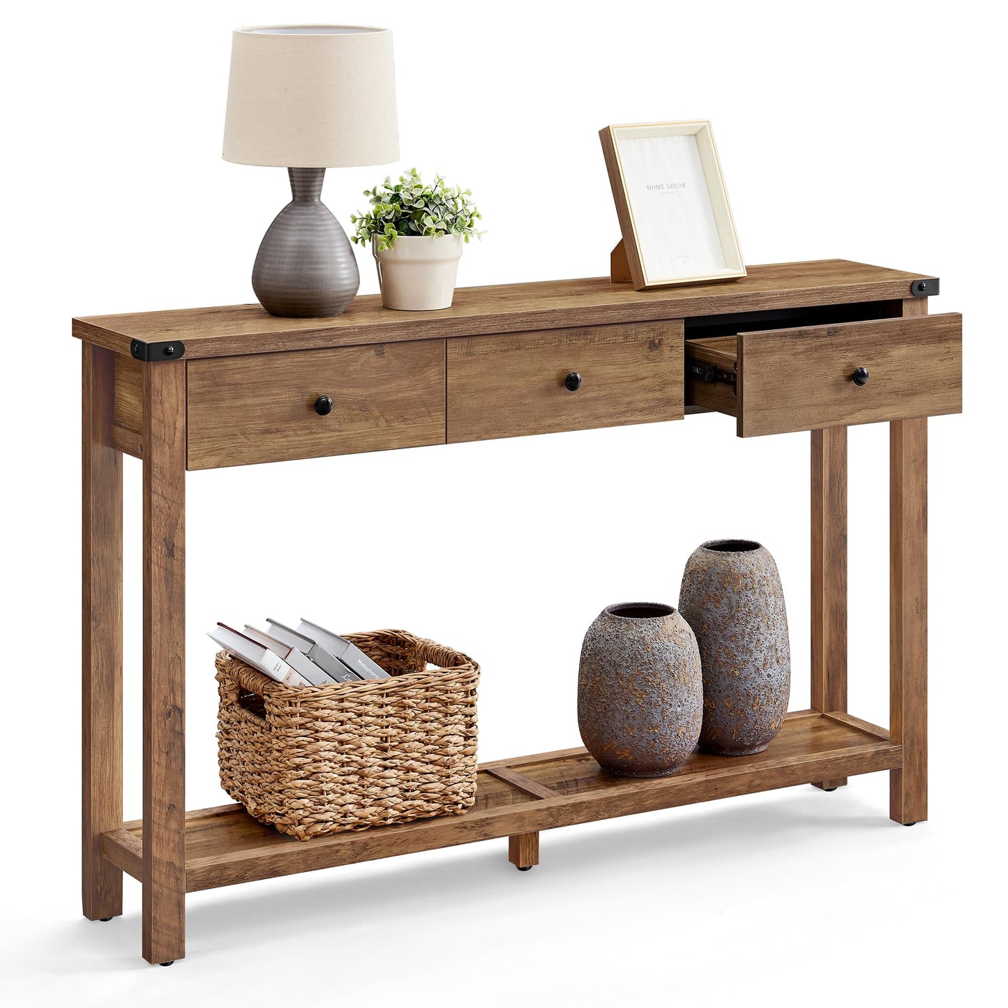 VASAGLE Console Sofa Table, Narrow Entryway Table with 3 Drawers, Open Storage Shelf, Metal Corners, for Living Room, Farmhouse Style, Honey Brown ULNT142K41