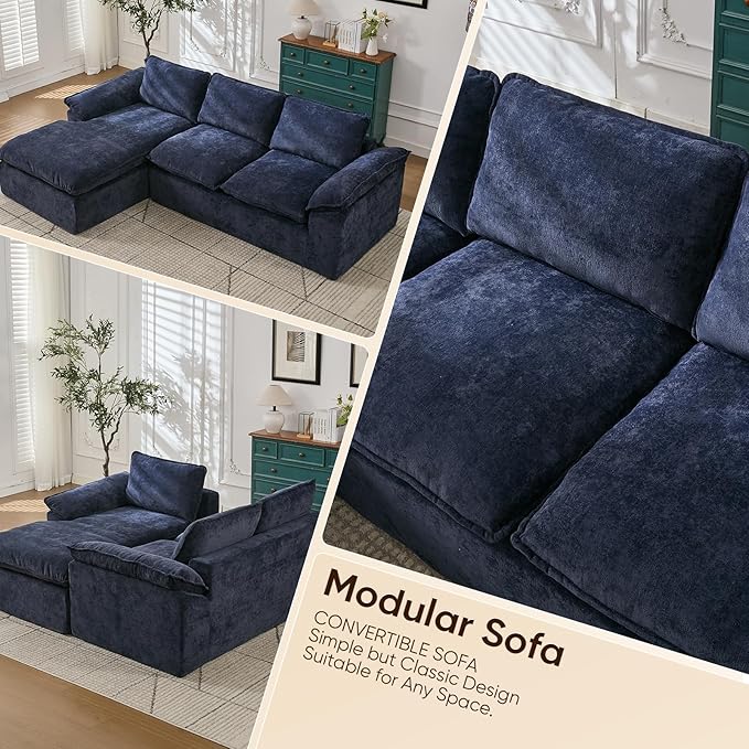 YAAREE 105.6”L Shape Modular Sectional Couch for Living Room, Modern Cloud Sectional 3 Seat Sofa with Oversized Chaise, Woven Texture Upholstery Boneless Couch (Blue, Left Facing Chaise)