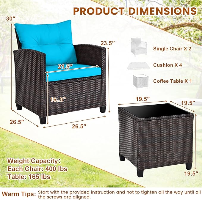 ORALNER 3 Pieces Patio Furniture Set, Outdoor Wicker Conversation Set Rattan Chairs with Cushions, Glass Coffee Table, Bistro Set for Front Porch Balcony Garden Deck Poolside (Turquoise)