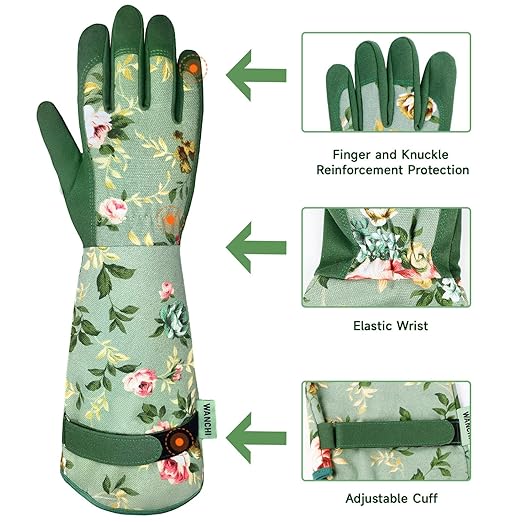 Gardening Gloves, Durable and Comfortable Women's Long Garden Gloves for Gardening Work and Yard Work, Leather Gardening Gloves for Women, Green Print (Medium)