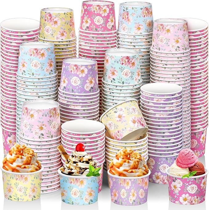 Nuenen 300 Pcs 8 oz Disposable Paper Cups Bowls Bulk Summer Ice Cream Sundae Bar Supplies for Sundae Snack Dessert Luau Ba...