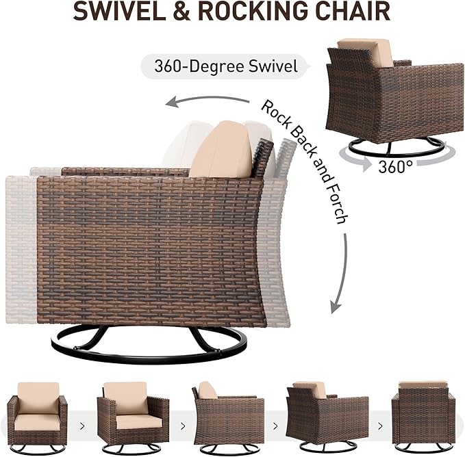 UDPATIO Patio Furniture Set, 5 Pieces Outdoor Conversation Sets with Rocking Swivel Chairs, Wicker Rattan Outdoor Sofa Set with Storage Table and Waterproof Covers for Backyard, Deck, Porch, Khaki