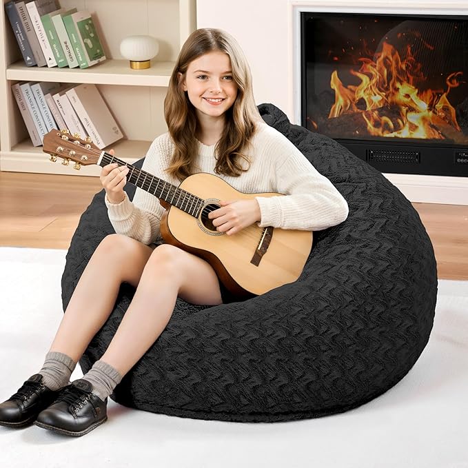 2FT Bean Bag Chair,Giant Bean Bag Chairs for Adults,Big Bean Bags with Memory Foam Filled, Large Beanbag Chairs with Chevron Plush Cover-Black