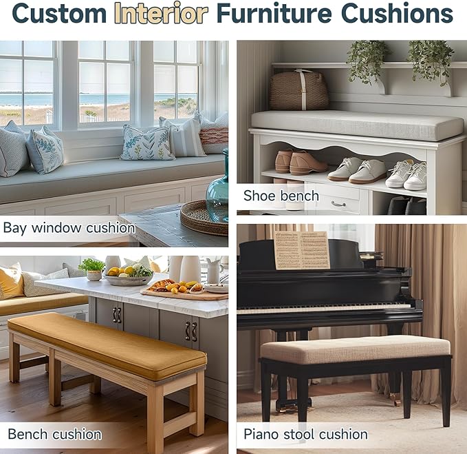 BayHomes Custom Bench Cushion for Indoor/Outdoor Patio Furniture/Window Seat Cushions.Premium 75D High-Resilience Foam(Custom Fabric/Color/Size/Non-Slip Methods/Piping/Thicknessto Choose from)
