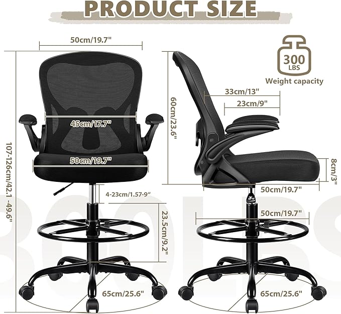 Winrise Drafting Chair, Tall Office Chair Ergonomic Standing Desk Chair, Lumbar Support Computer Chair Swivel Task Rolling Chair with Adjustable Flip-up Armrests Black Pack of 8