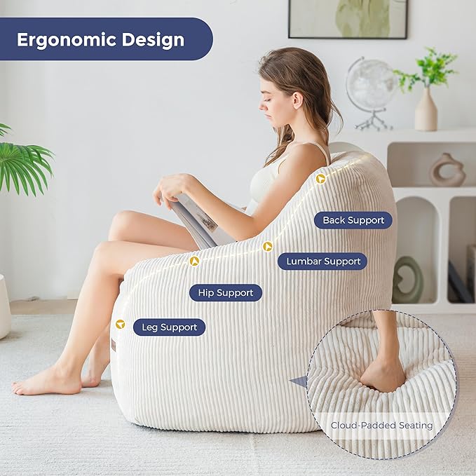 MAXYOYO Bean Bag Chair, Bean Bag Sofa with Filler, Cozy Living Room Chair for Adults and Kids, Stuffed Floor Sofa for Bedroom Dorm Reading, Beige