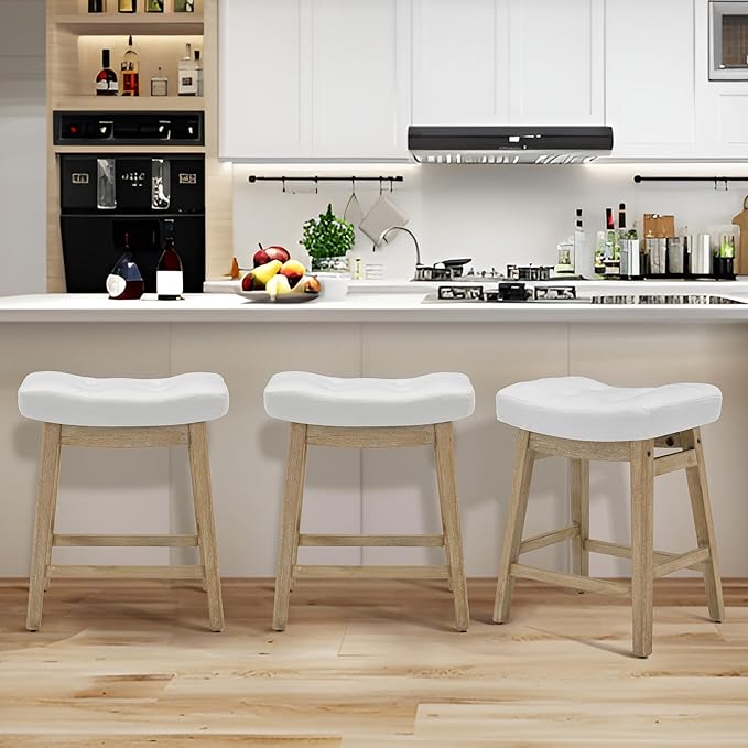 RNKSFX Counter Height Bar Stools Set of 3 for Kitchen Counter, Wooden Backless Island Barstools Farmhouse Modern Short Stools No Back with Faux Leather Saddle Seat 24 inch Counter Top Chairs, White
