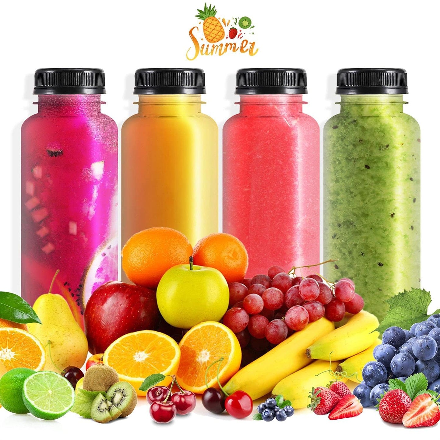 Kaderron 40pcs 12oz Plastic Juice Bottles with Caps, Empty PET Disposable Plastic Bottles, Clear Bulk Drink Containers with Black Tamper Evident Lids for Juicing, Drinking and Other Beverages