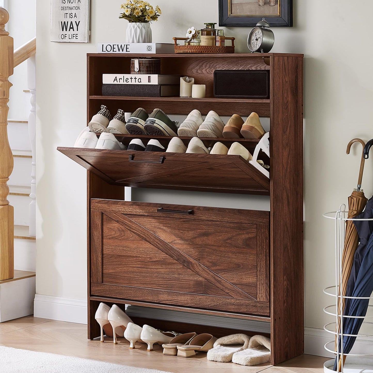 RWYHG Shoe Storage Cabinet with 2 Flip Drawers,Farmhouse Narrow Shoe Organizer with Legs,Freestanding Hidden Slim Shoe Rack Cabinet with Open Storage for Entryway,Hallway, Foyer, Rustic Brown