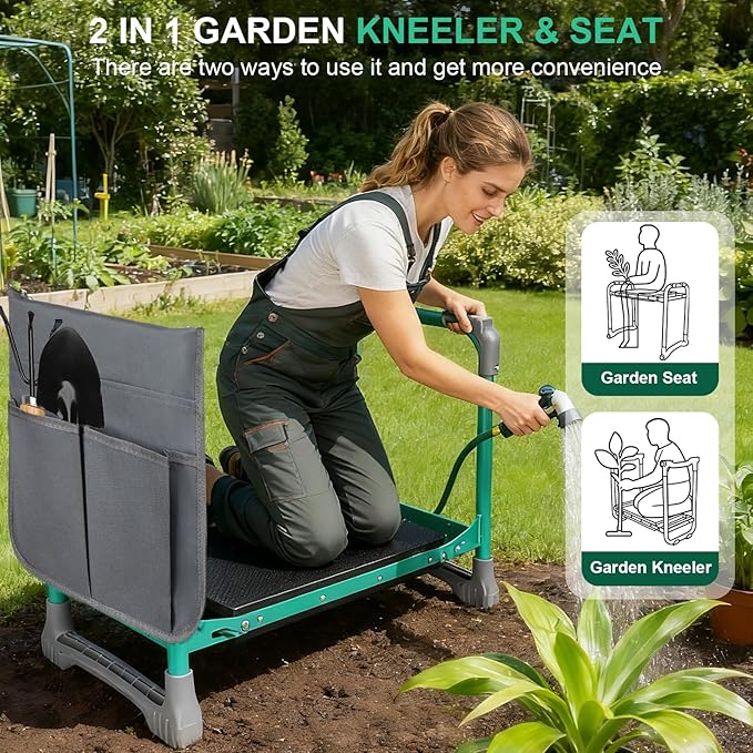 WEILISEN Garden Kneeler and Seat, 2-in-1 Foldable Garden Bench with Non-Slip EVA Foam Pad, Storage Bags, Glove, Portable Gardening Stool for Kneeling & Sitting, Ideal for Gardeners, Patio, Fishing