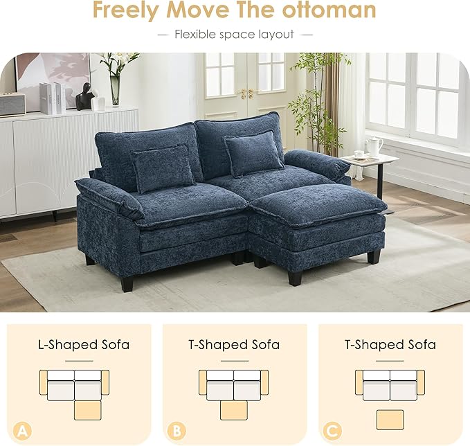 URRED Cloud Couch Modular Sectional Sofa, 87" Modern L Shaped Deep Seat Sofa with Ottoman & Pillows, Ultra Comfy Chenille Couches for Living Room, Bedroom or Apartment, Blue