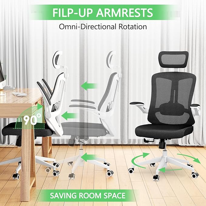 balmstar Office Chair,Ergonomic Comfy Home Desk Chair with 350LBS Capacity,High Back Gaming Chair with Wheels,Mesh Computer Chair,Lumbar Support, Adjustable Headrest,Flip-up Armrest (B-Black + White)