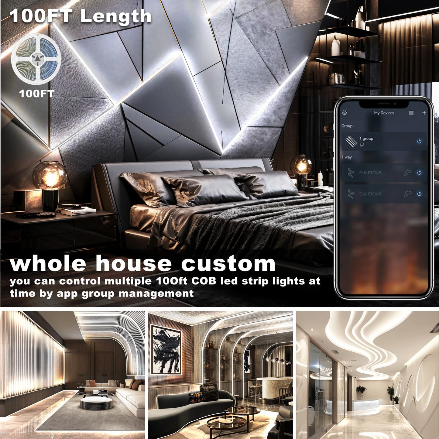 100FT COB Led Strip Lights, Uniform 6500K COB Rope Light,Bright Daylight White lights,High Density,App/Remote Control,Indoor 24V Cuttable Cabinet Lights for Bedroom,Bookshelf,Showcase,Kitchen