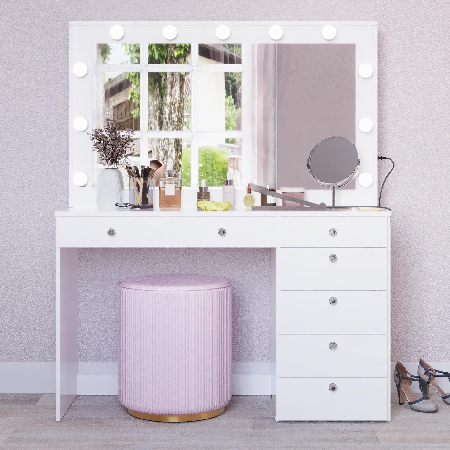 Boahaus Diana Premium White Makeup Vanity Desk with New Built-in Lights, 7 Drawers, USB Type-C & Type-A Ports, 110V Power Outlet, and Crystal Knobs – Upgraded Vanity Table for Bedroom