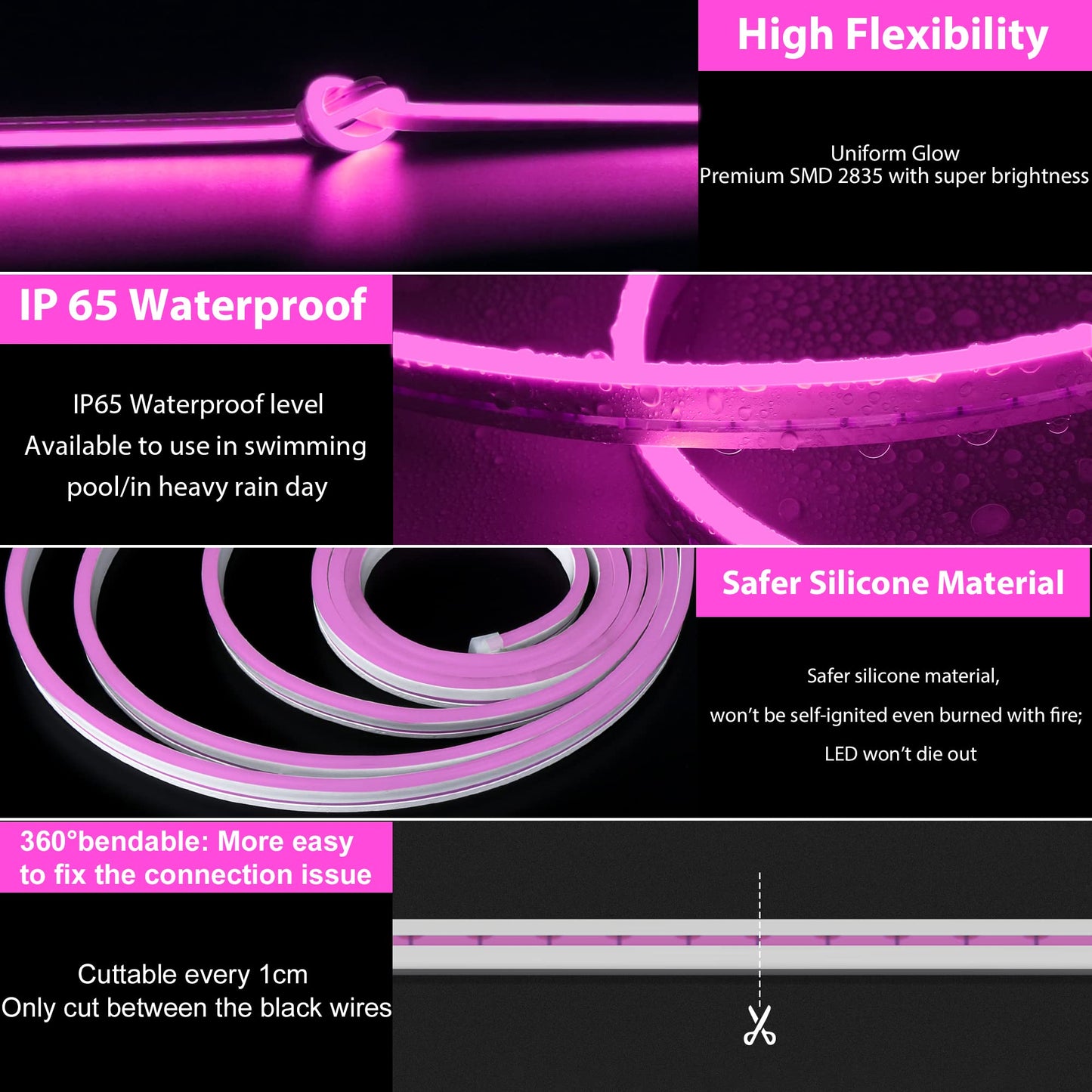 Lamomo LED Neon Flex, 16.4ft/5m Pink Neon Light Strip, 12V Flexible Waterproof Neon LED Strip, Silicone LED Neon Rope Light for Kitchen Bedroom Indoor Outdoor Decoration（Power Adapter no Included