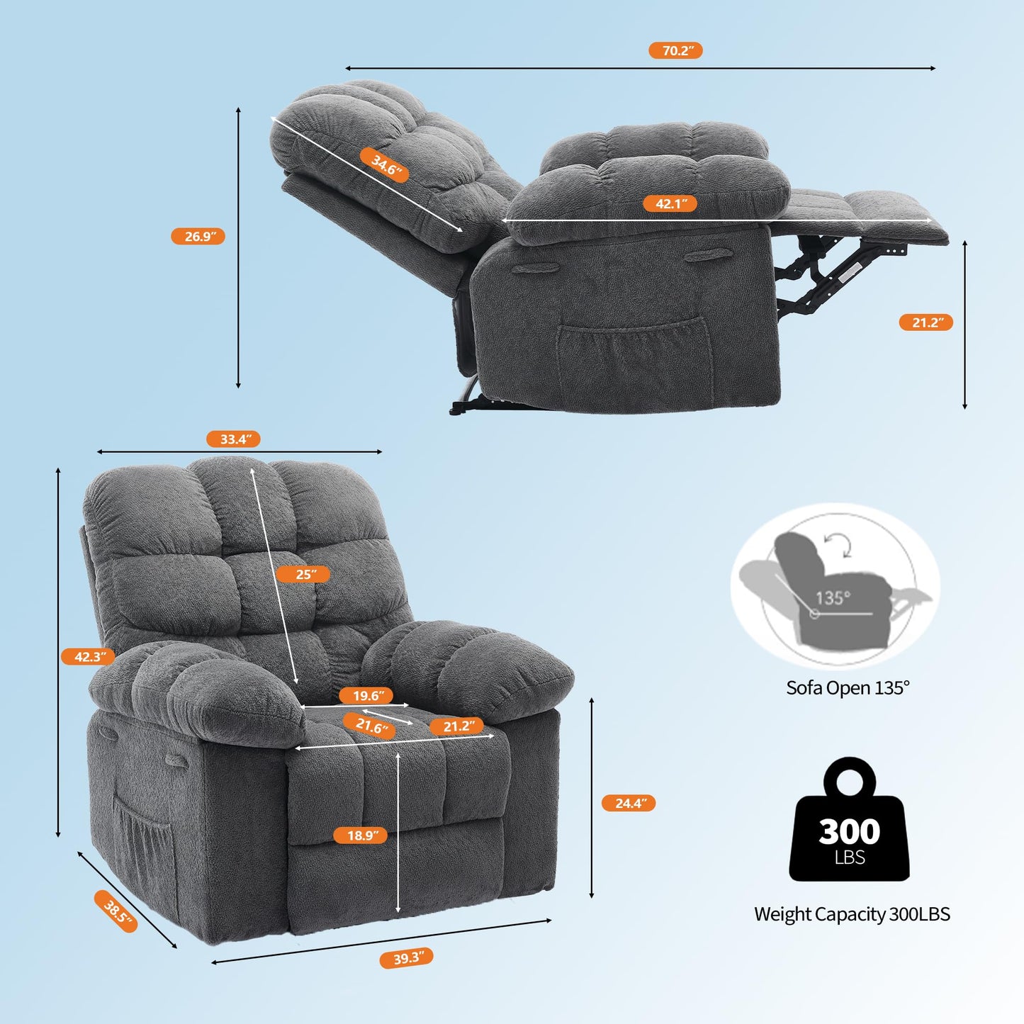 Manual Recliner Chair,Ergonomic Overstuffed Breathable Fabric Reclining Chair with Side Pockets,q235 Steel Frame Lazy Boy Recliner Single Sofa for Living Room Bedroom