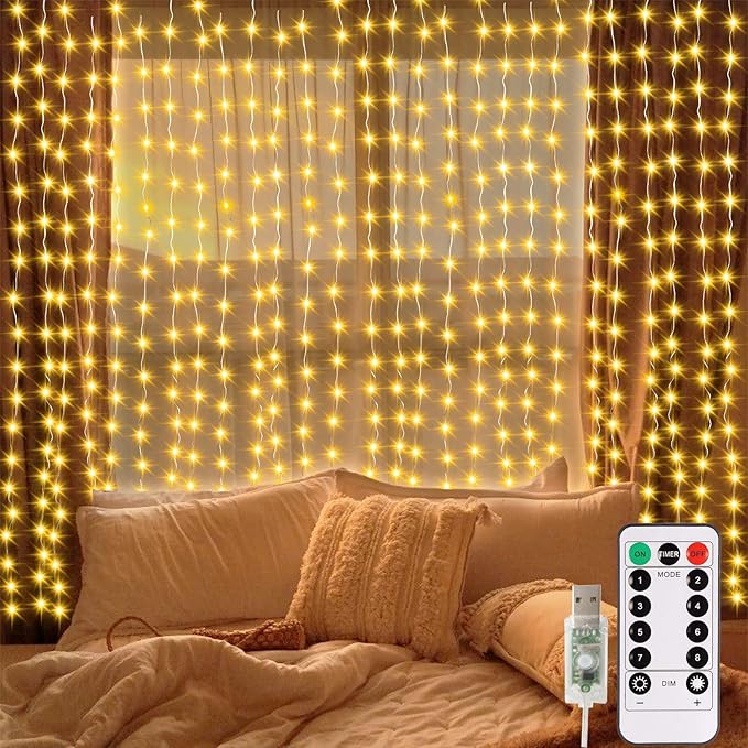 echosari 300 LED Curtain Lights, 9.8Ft x 9.8Ft USB Plug in Christmas Fairy Curtain Lights with Remote, Hanging String Ligh...