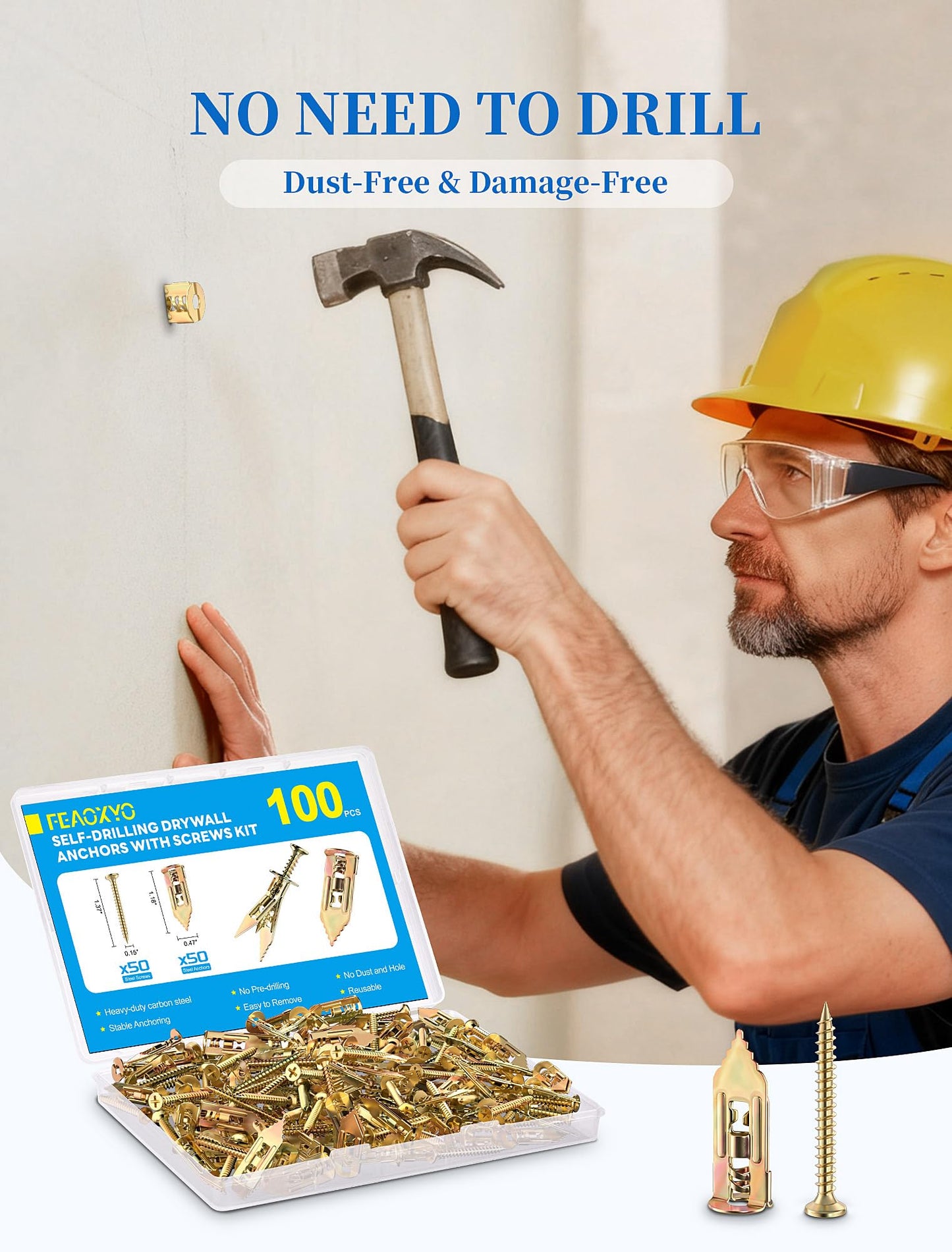 FEAOXYO Upgraded 100 Pcs Self Drilling Drywall Anchors with Screws Kit, Zinc Plated Steel Sheetrock Anchors and Screws, No Drill Needed, Holds 66LB for TV, Shelf, Decor, Picture Frame Wall Mounting