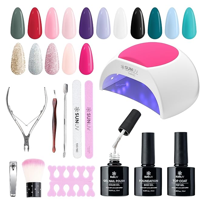 SUNUV Gel Nail Polish Kit with UV Light for Nails SUN2C 16 Colors Gel Polish Sets, Base and Top Coat with 8 PCS Manicure T...