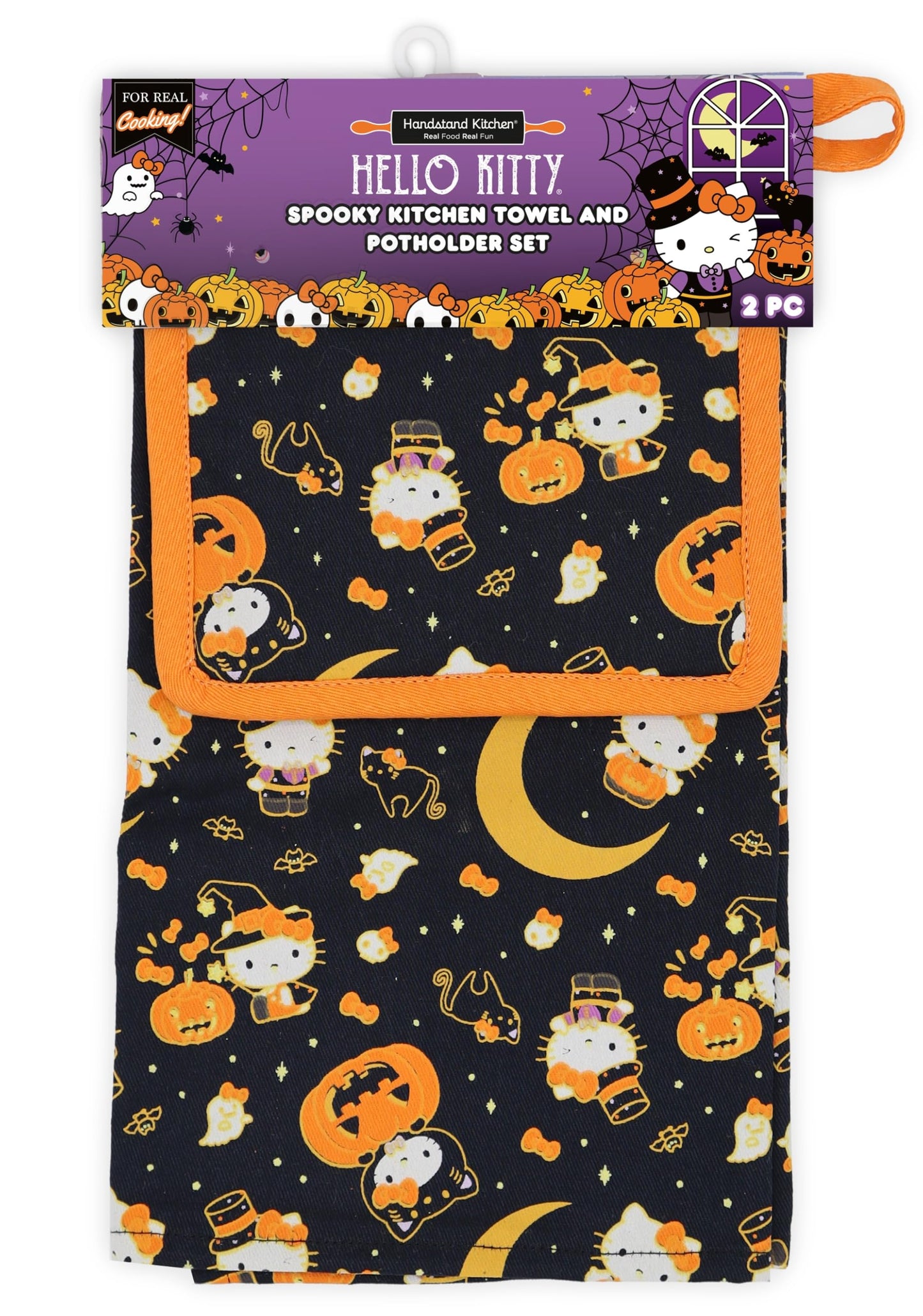 Handstand Kitchen Hello Kitty Spooky Season Halloween Print 100% Cotton Kitchen Towel and 7" Potholder Set
