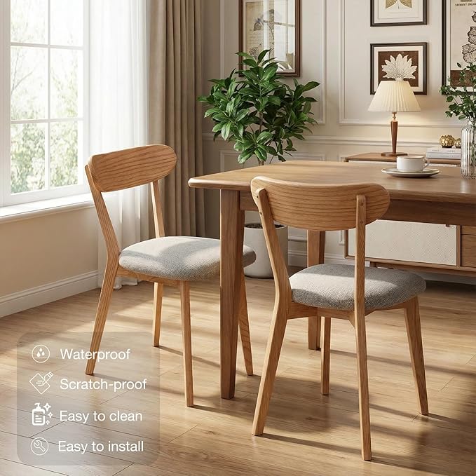 Bamskov 100% Solid Wooden Dining Chairs - Practical Kitchen Chairs with Upholstered Cushion - Wood Chairs Set of 2 for Dining Room, Kitchen (2, Natural with Grey Cushion)