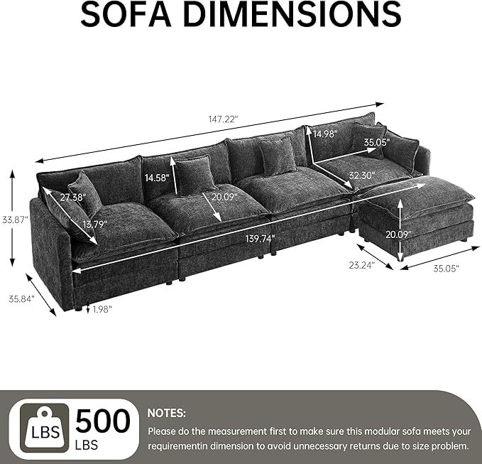 saows Modular Sectional Sofa, 147.2 Inch L Shaped Couch Set with Armrests, 4-Seater Comfy Cloud Couches with Movable Ottoman for Living Room Apartment, Grey