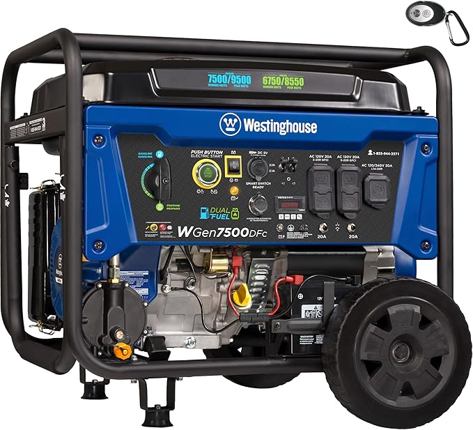 Westinghouse 9500 Peak Watt Dual Fuel Home Backup Portable Generator, Electric Start, Transfer Switch Ready, Gas & Propane...