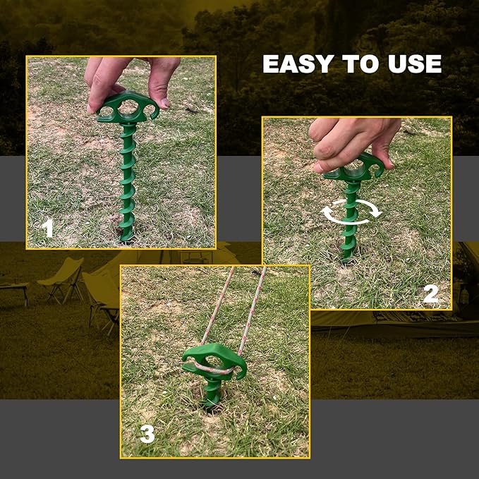COBARYEN Tent Stakes Ground Anchors Screw in, 10 Pack Sand Stakes for Beach 9.4 Inch Heavy Duty Spiral Tent Pegs for Camping, Party, Hiking, Outdoor Decoration (10, Green)