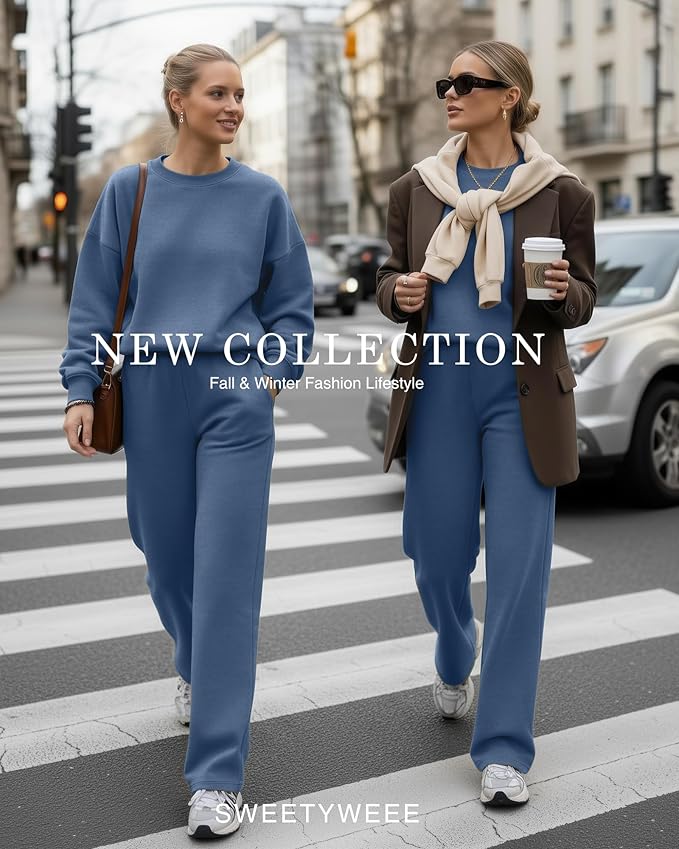 Sweetyweee Women's 2 Piece Outfits Set Fleece Lined Lounge Sweatsuit Crewneck Pullover Top Wide Leg Pants Casual Tracksuit