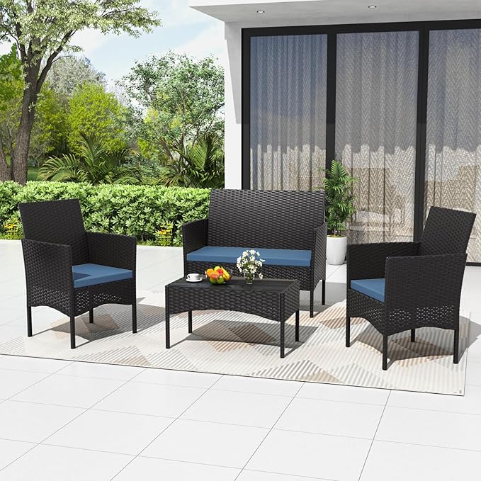 ASJMR 4 Piece Patio Rattan Conversation Set, Outdoor Rattan Chair Wicker Furniture Set, Couple Seats and Tempered Glass Table,Comfort Seat for Patio, Pool or Backyard