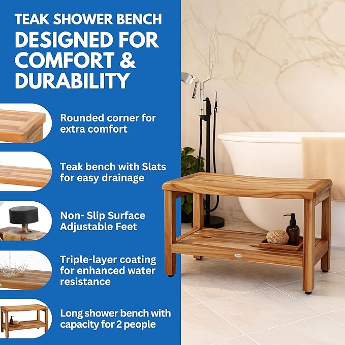 EcoDecors Eleganto 30 Inch Natural Color Waterproof Teak Wood Shower Bench Stool Seat Chair For Inside Shower Provides Safety, Storage, and Organization For Bathroom Accessories