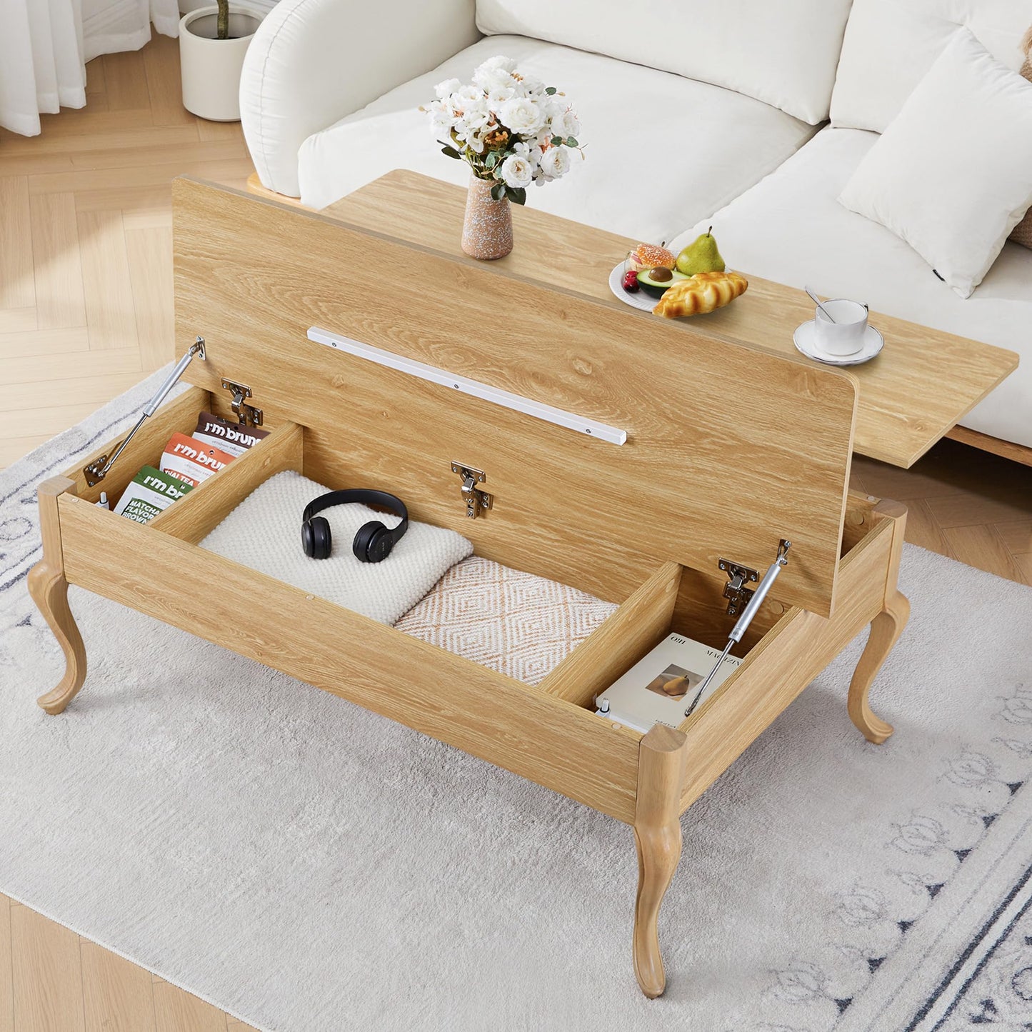 QEIUZON Lift Top Coffee Table, Farmhouse Coffee Table with Hidden Storage, Wood Center Table Dining Table for Living Room, Apartment, Home Office (Natural)
