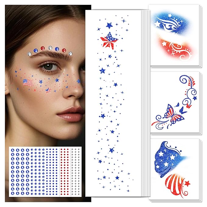 EMOME Labor Day Decorations, Glitter Faux Freckles Face Tattoos with Red White and Blue Face Gems, Patriotic Stickers Wome...