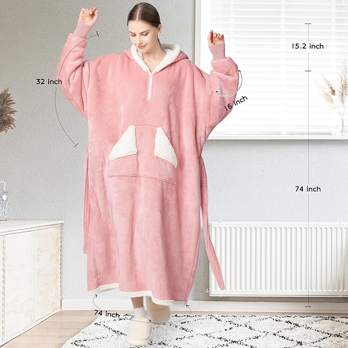 Wearable Blanket Hoodie as Gifts for Women, Long Sherpa Fleece Hooded Blankets with Oversize Hood and Pocket, Warm and Cozy Sweatshirt with Belt, Winter Gift