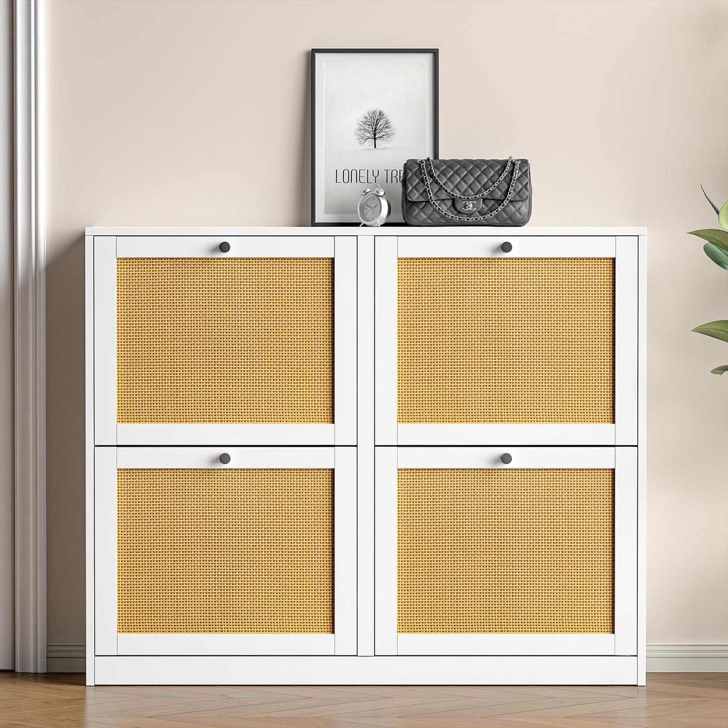Skokliz Rattan Shoe Cabinet with 4 Flip Drawers, Farmhouse Hidden Shoe Storage Organizer Holds 16 Pairs of Shoes, 2-Tier Shoe Storage Cabinet for Entryway, Foyer, Hallway