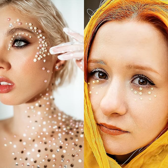 Self Adhesive Face Gems and Pearls for Makeup, Festival Jewels, Hair Gems, Rhinestone Stickers for Face, Eye, Makeup, Nail, Body, Crafts 3/4/5/6 mm 975Pcs (21.Pearl_Beige)