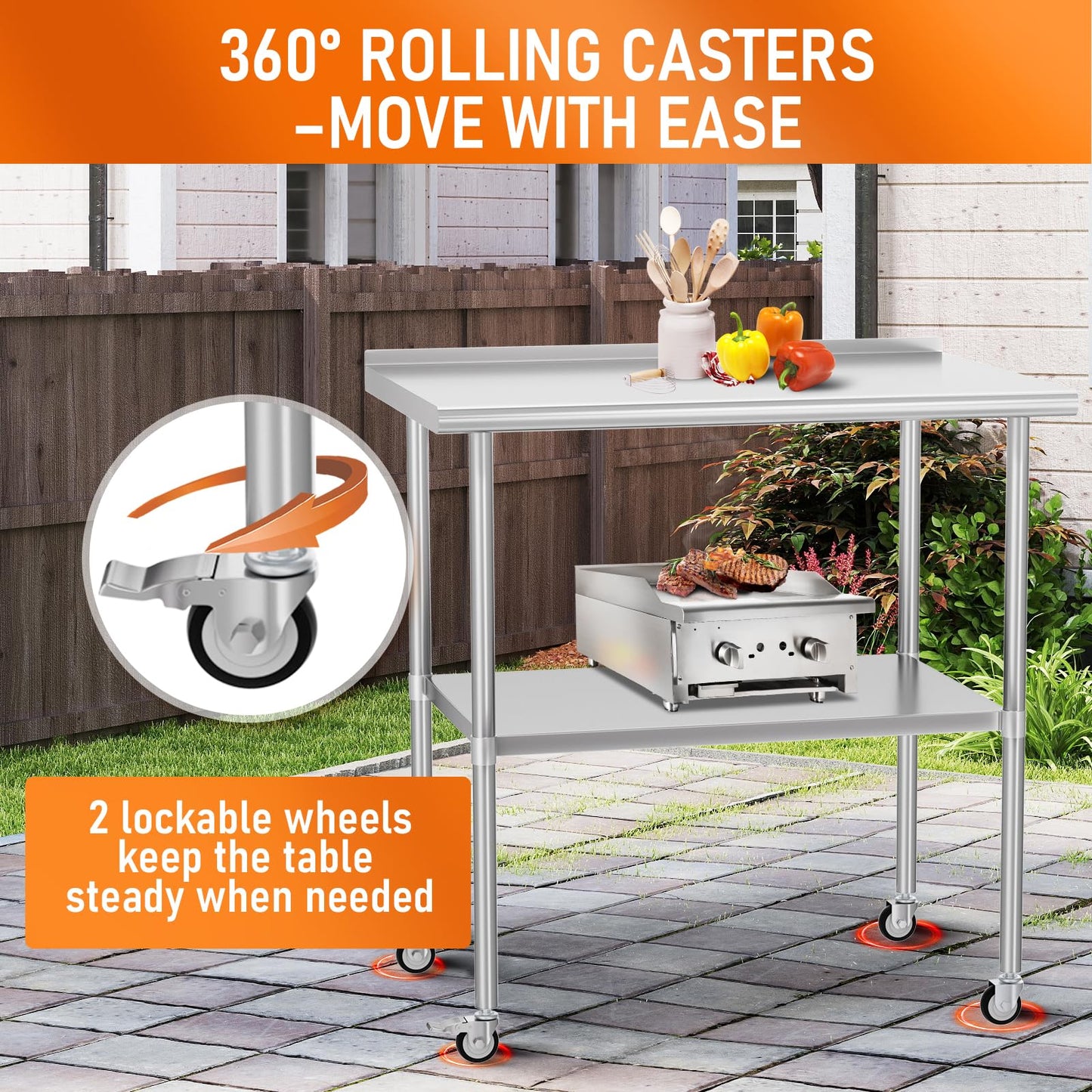 HOCCOT Stainless Steel Prep Table 24" X 36" with Adjustable Undershelf, Backsplash and Wheels, Commercial Metal Workstations for Kitchen, Garage, Outdoor BBQ