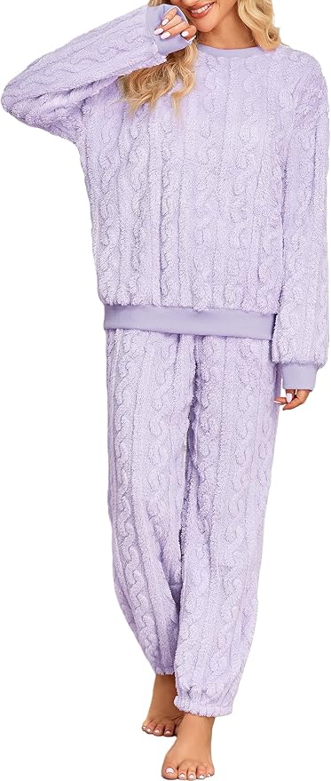 Pajamas Sets for Women Soft Comfy Fluffy Pajama Fleece Pullover Ribbed Pjs Warm Plush Lounge Sleepwear