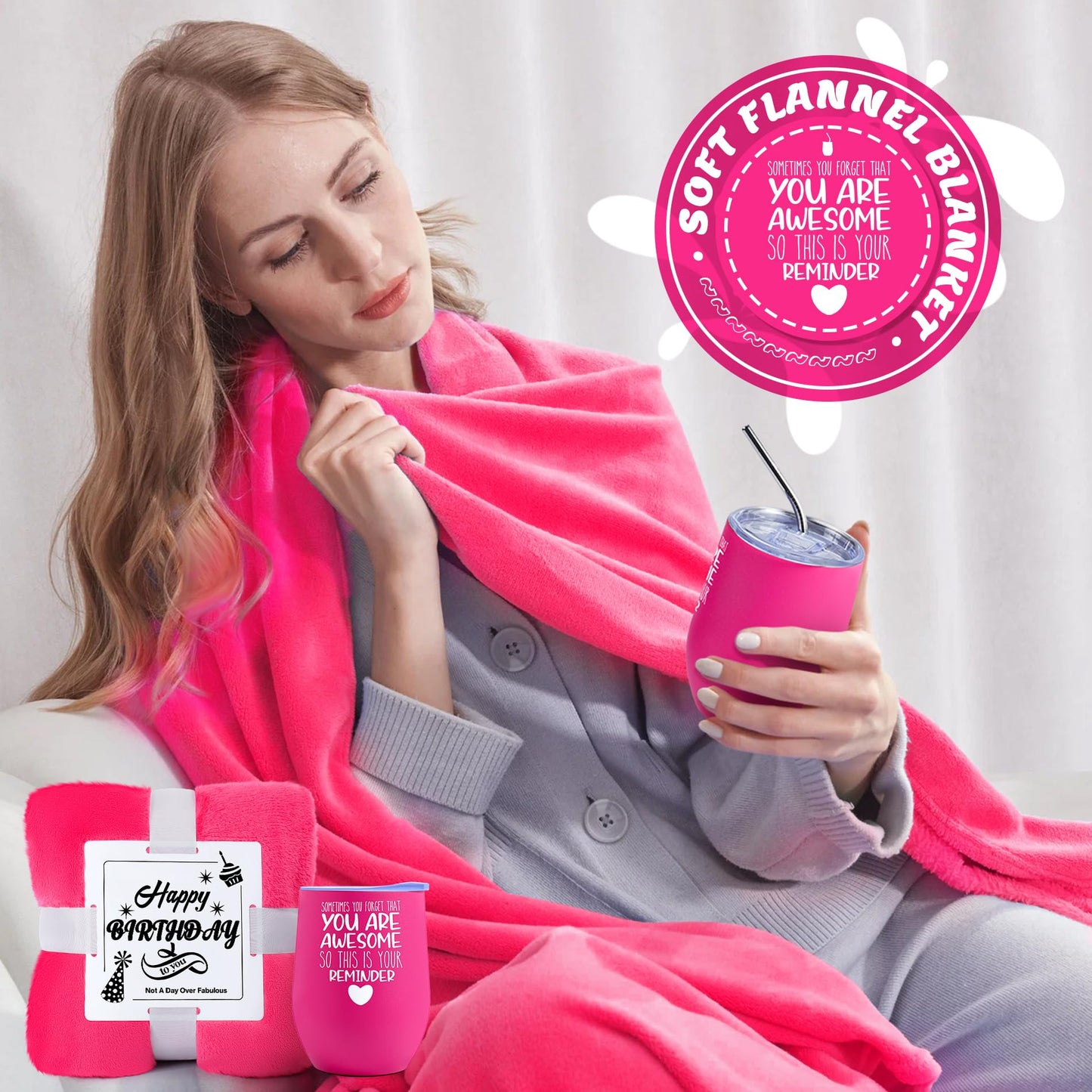 Birthday Gifts for Women, 13PCS Relaxing Care Package for Women, Pink Self Care Gift w Luxury Flannel Blanket, Unique Happy Birthday Gift Idea for Mom Her Best Friend Sister Wife Girlfriend