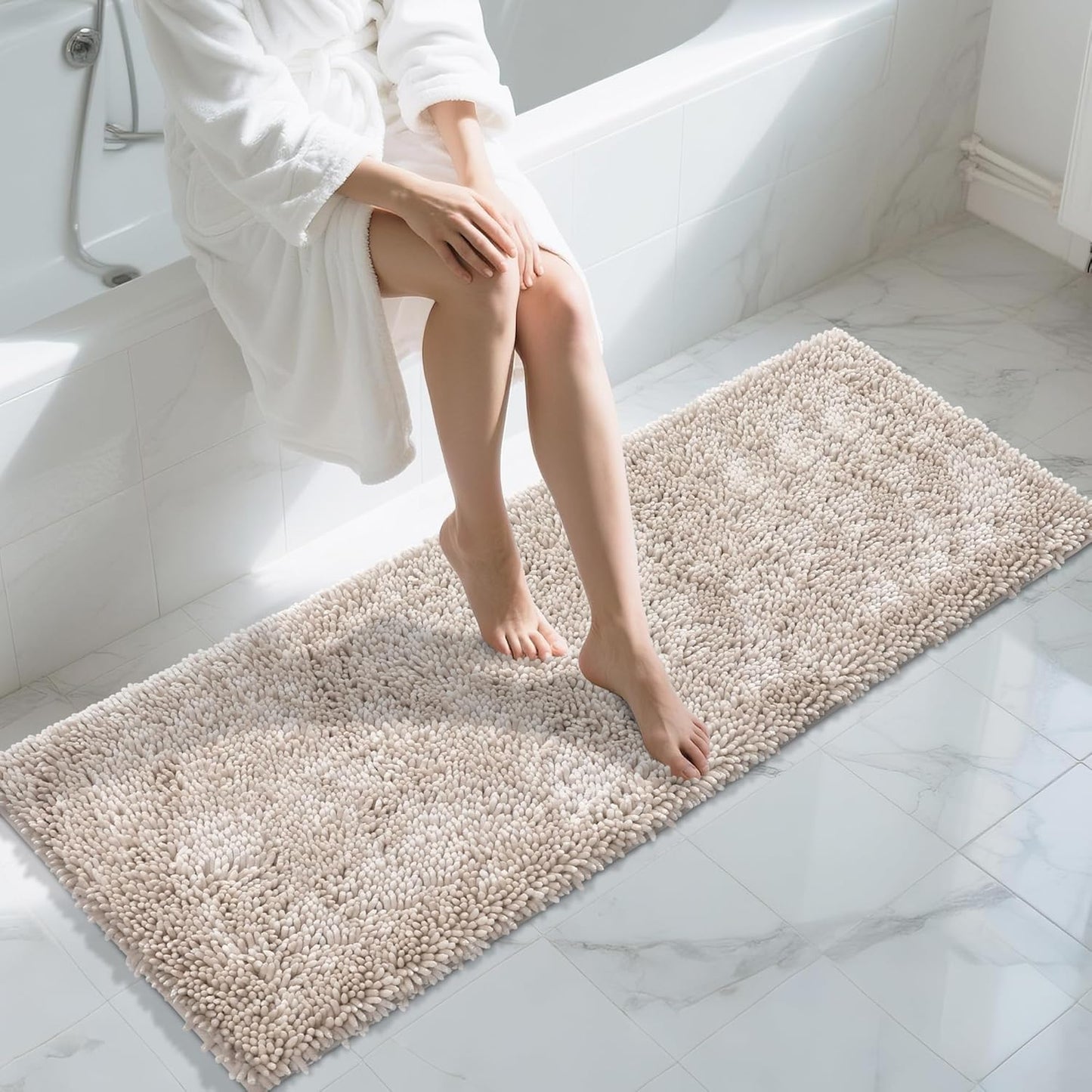 Yimobra Long Bathroom Rugs Runner 60x24 Inch, Extra Thick Soft Absorbent Chenille Bath Mat, Non Slip Machine Washable, Quick Dry Bath Rugs for Bathroom Floor, Tub and Shower, Khaki