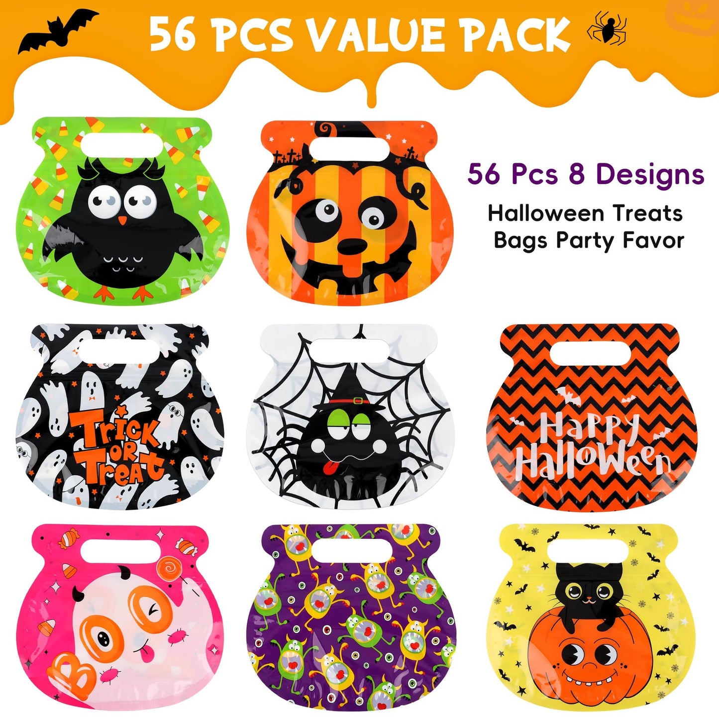POPGIFTU 56 Pcs Halloween Goodie Bags with Handles - 8 Designs Resealable Treat Pouches for Candy, Snacks, Cookies, Bulk Trick or Treat Bags for Kids Party Favors & Classroom Halloween Supplies