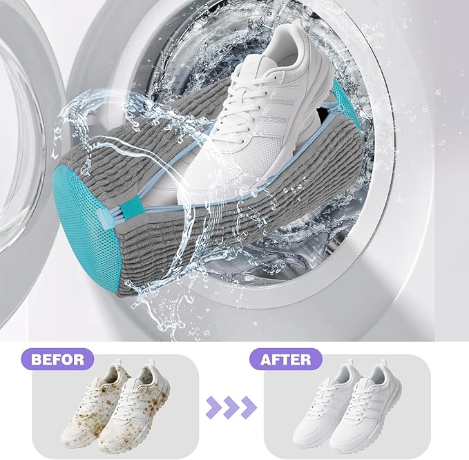 2Pcs Shoe Washing Machine Bag Laundry Shoe Bag for Washer and Dryer Deep Clean Reusable Shoe Cleaning Bags Includes 2 Storage Dust Bags for Shoes,Gym,Tennis,Sports 2 Sneaker Washing Machine Bag Grey