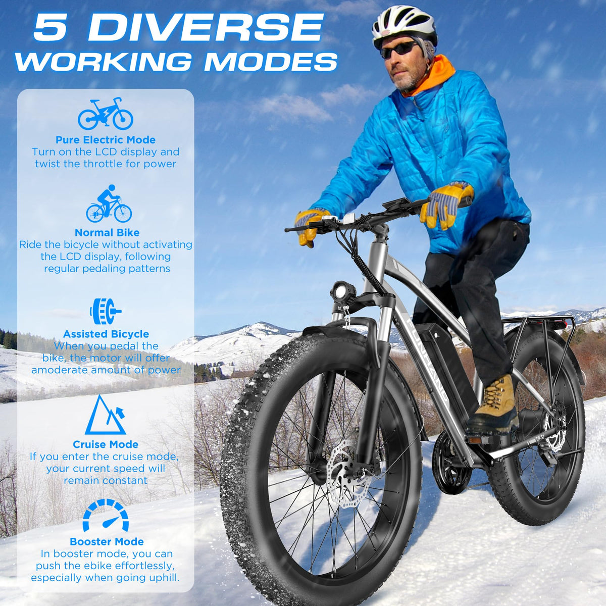 Funhang Electric Bike for Adults, 1000W Peak Ebike, 25MPH 60Miles Electric Mountain Bike, 26" Fat Tire Electric Bicycle with 48V 13AH Battery, Rear Rack, Turn Signal, Lockable Suspension Fork,7 Speed
