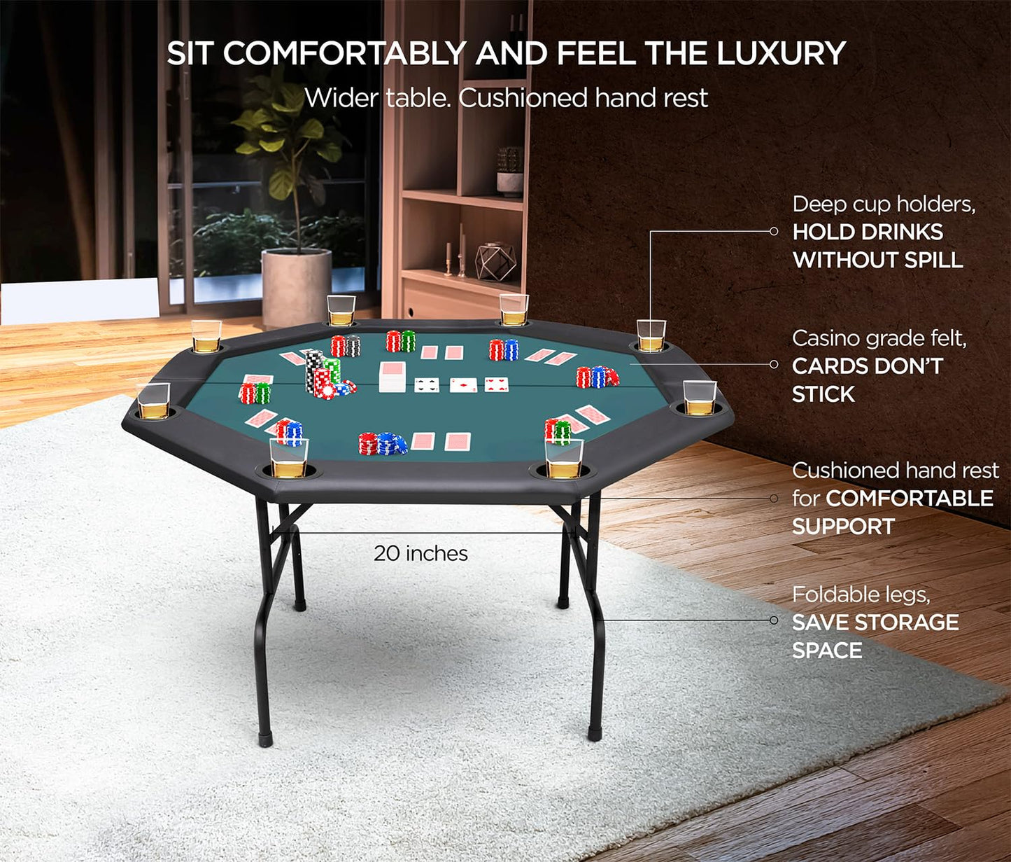 ZivPlay Poker Table Foldable Texas Holdem Poker Table Portable with Folding Legs for Card Game and Casino Gambling 8 Player Octagon