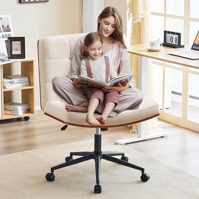 Furnimart FSC Wooden Wide Desk Chair, 360° Swivel Criss Cross Office Chair with Wheels, Comfy Cross Legged Sitting, Armless Height Adjustable Rolling Chair for Bedroom, Office, Vanity (Linen Beige)