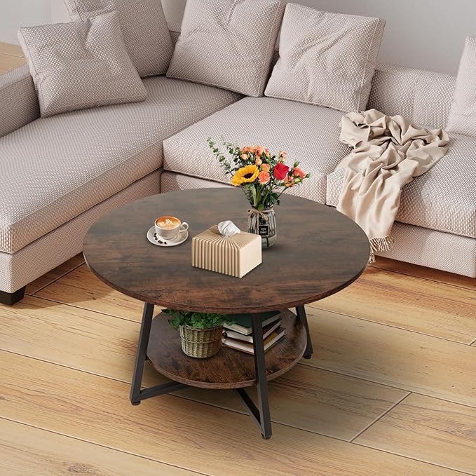 Masigle Round Coffee Table, 2-Tier Circle Coffee Table with Storage, Modern Wood Round Center Table, for Living Room, Small Space, Home Office, Easy Assembly, Rustic Brown