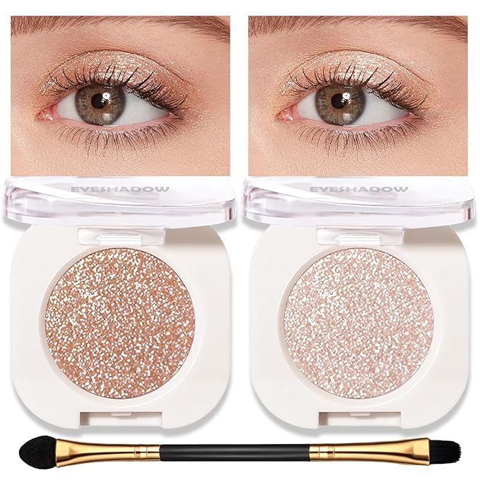 Shimmer Glitter Eyeshadow Palette 2 PCS, Pear White Light Brown Eye Shadow Palettes Neutral Eyeshadow for Women, Smooth Powder Lightweight Blendable High Pigment Compact Daily Eyes Makeup, Set A