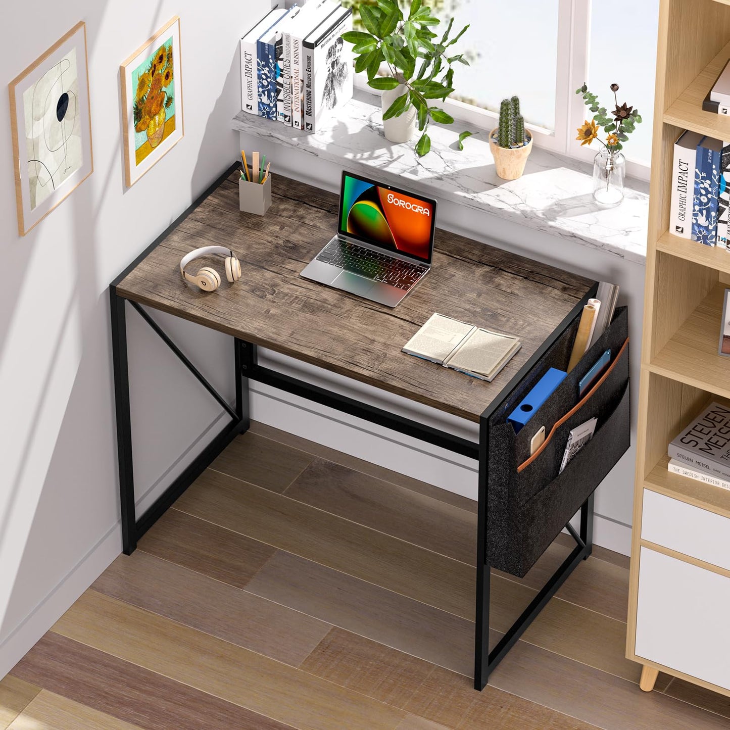 SOROGRA Folding Desk with Storage Pocket for Small Spaces, 31.5 Inch Foldable Desk with Headphone Hook for Bedroom Home Office, Portable Writing Table, Easy Assembly, Brown