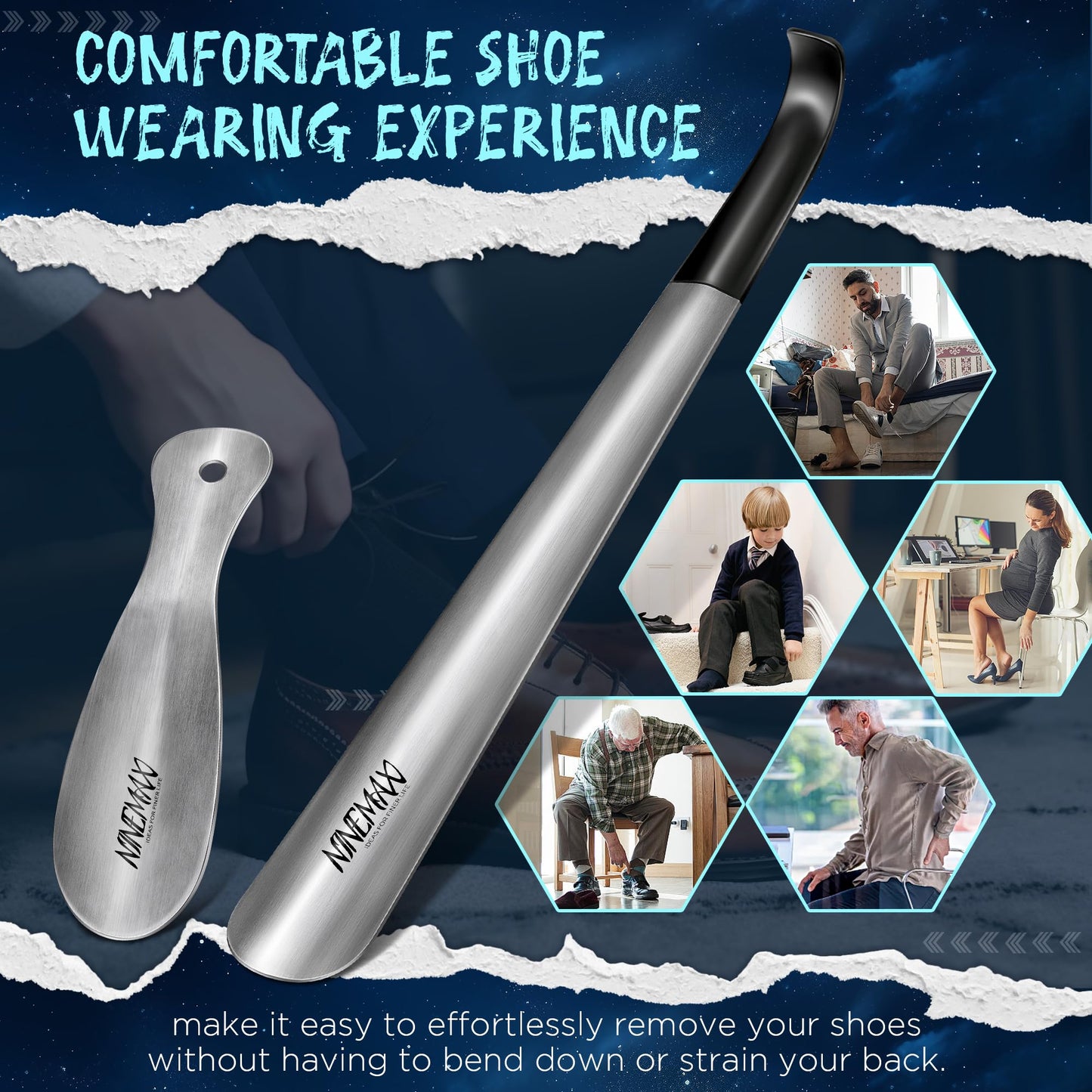 NINEMAX Shoe Horn Long Handle for Seniors Men Women, Metal Long Shoehorn Boot Horn 16.5'', Travel Small Stainless Steel Shoe Spoon Helper for Kids 7.5''