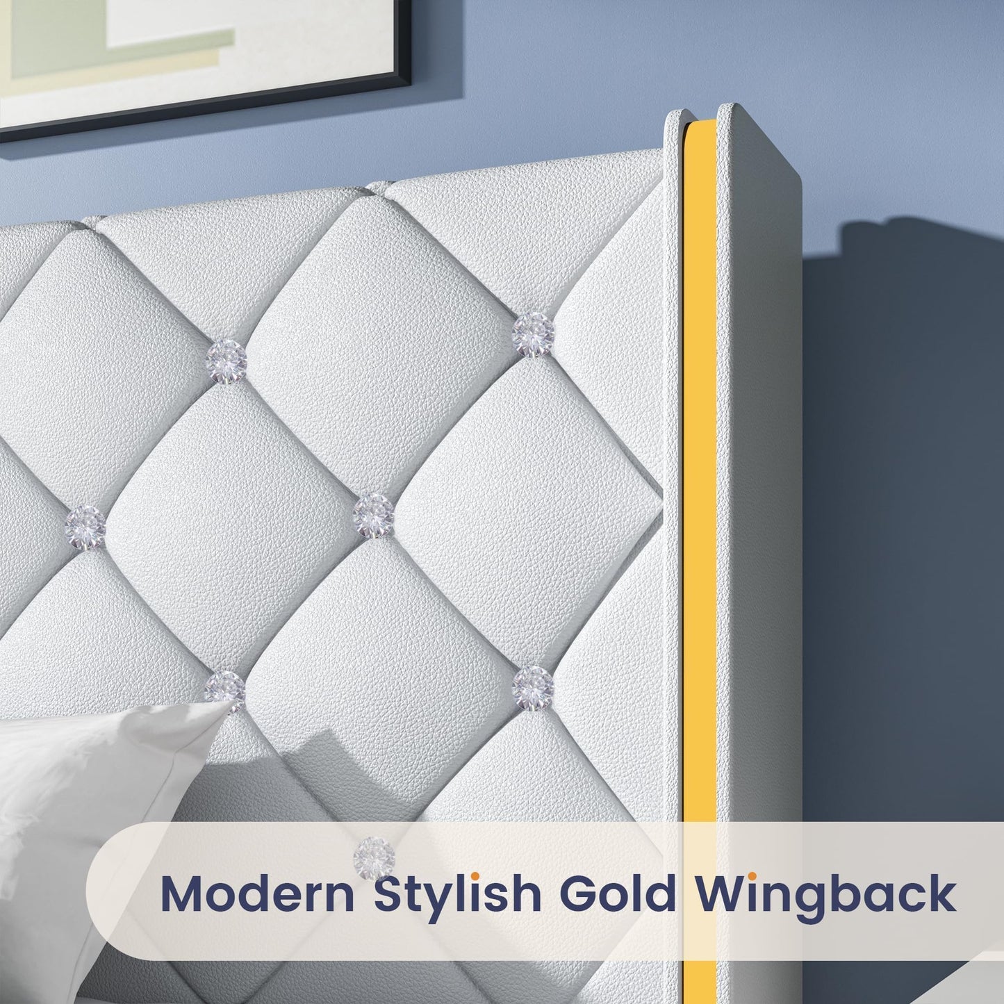 Twin Bed Frames with Headboard, Upholstered Platform Bed with Wingback Design, Modern Diamond Bed Frame with Tufted Deep Button, No Box Spring Needed, Easy Assembly, White